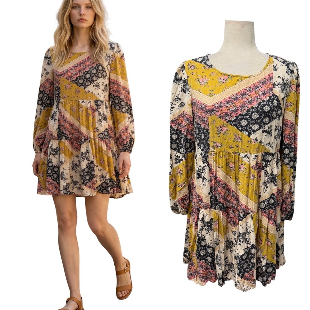 Womens M Mini Boho Long Sleeve Multicolor Floral Patchwork Babydoll Tier Feminin